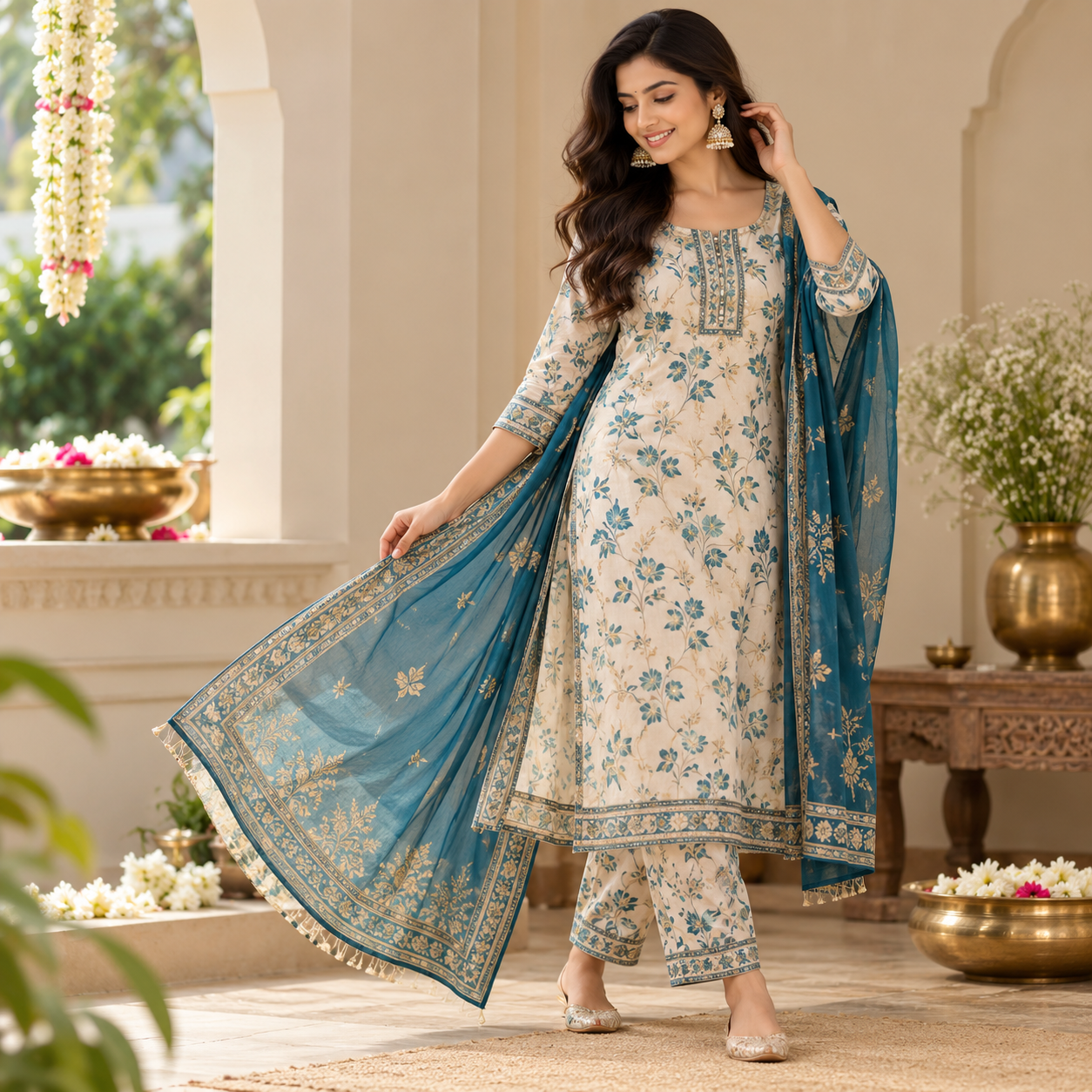 Elegant teal silk saree with gold zari work