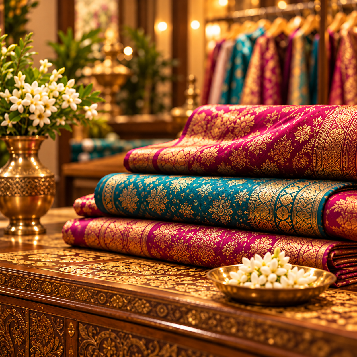 Beautiful traditional silk sarees displayed in a boutique